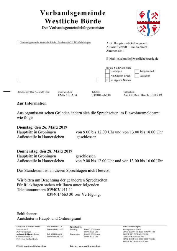 Bekanntgabe geänderter Öffnungszeiten