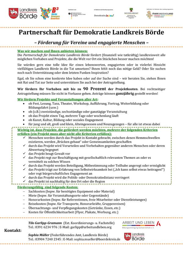 Flyer Förderung Partnerschaft für Demokratie Landkreis Börde