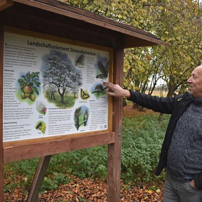 Vorstandsmitglied Harald Schuhfu&szlig; an einer der gut einem Dutzend Informationstafeln, die inzwischen im Gro&szlig;en Bruch rund um Wulferstedt stehen.