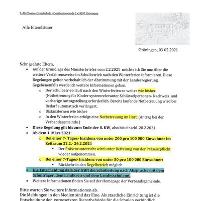 Elterninfo Grundschule Gröningen vom 04.02.2021