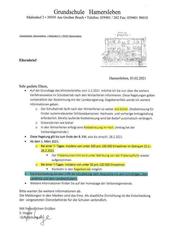 Elterninfo Grundschule Hamersleben vom 04.02.2021