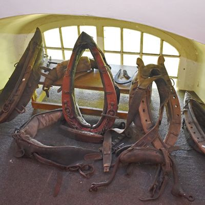 Auch die Fenster der Emporen werden für die dorfgeschichtliche Ausstellung genutzt. Hier ist altes Pferdegeschirr zu sehen.