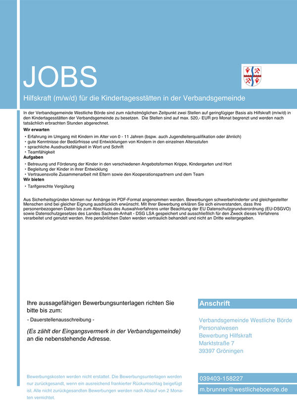 Stellenausschreibung Hilfskraft (m/w/d) für die Kindertagesstätten der Verbandsgemeinde