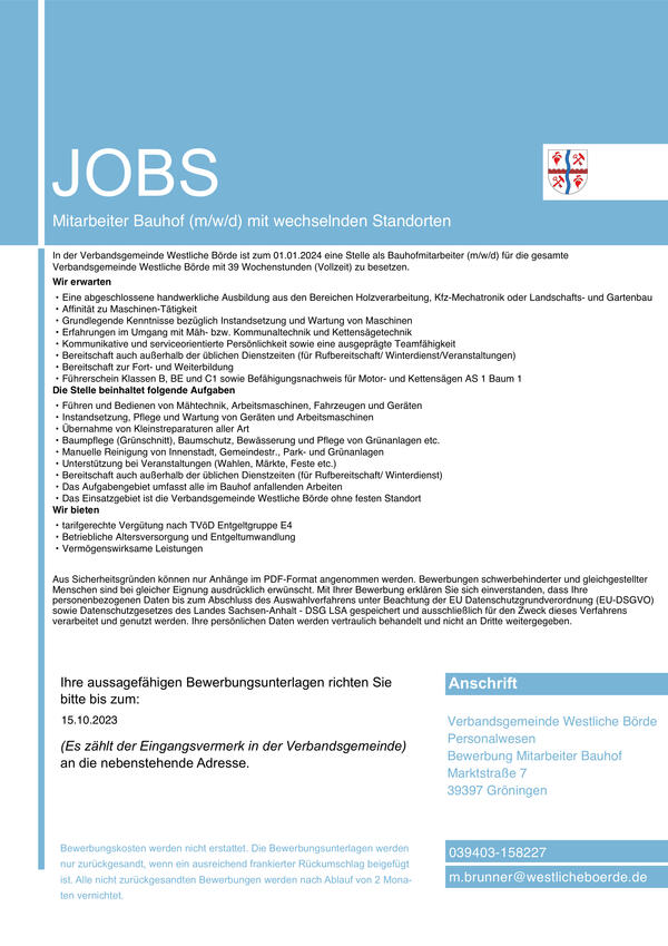 Stellenausschreibung Mitarbeiter Bauhof (m/w/d) mit wechselnden Standorten