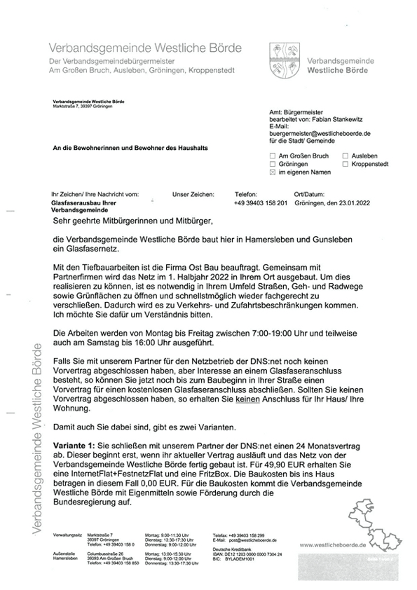 Postwurfsendung Glasfaserausbau Gemeinde Am Großen Bruch OT Hamersleben und Gunsleben