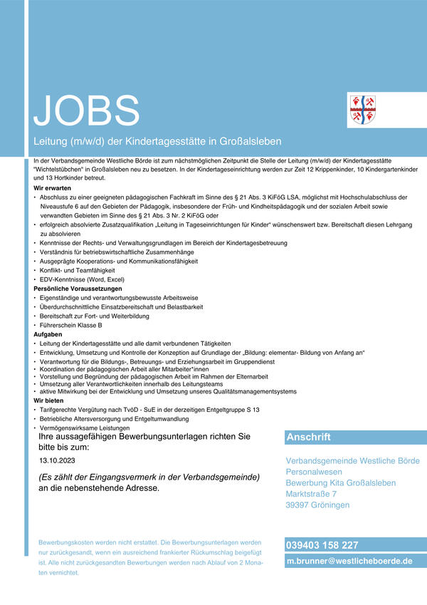 Stellenausschreibung Leitung (m/w/d) fr die Kindertagessttte Groalsleben