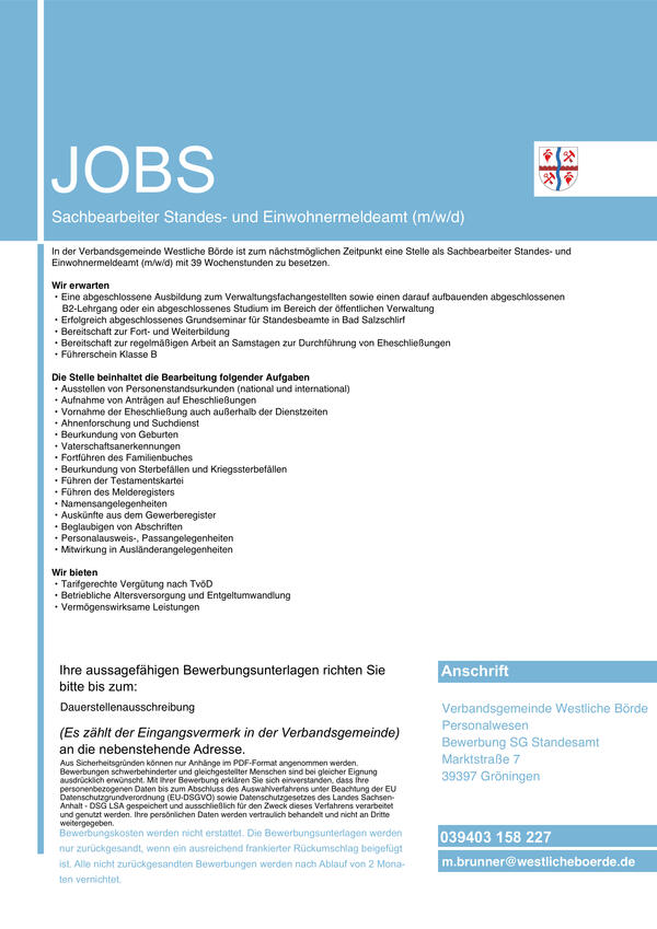Stellenausschreibung Sachbearbeiter Standes- und Einwohnermeldeamt (m/w/d)