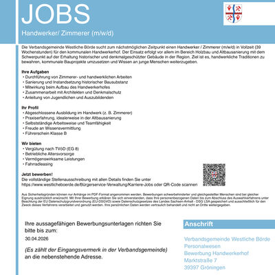 Stellenangebot Handwerkerhof - Zimmerer (m/w/d) in der Westlichen B&ouml;rde