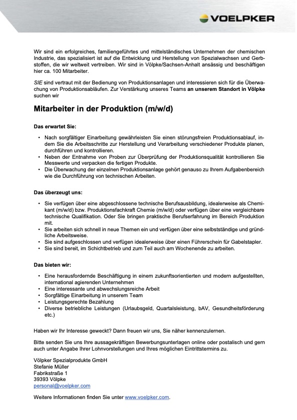 Stellenausschreibung Mitarbeiter in der Produktion (m/w/d)