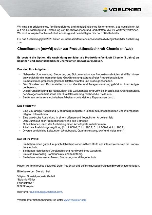 Stellenausschreibung Ausbildung zum Chemikanten (m/w/d) oder zur Produktionsfachkraft Chemie (m/w/d)