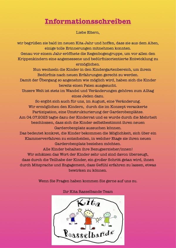 Informationsschreiben - Die Kita Rasselbande informiert