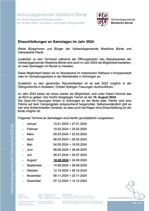 Eheschließungen an Samstagen im Jahr 2024