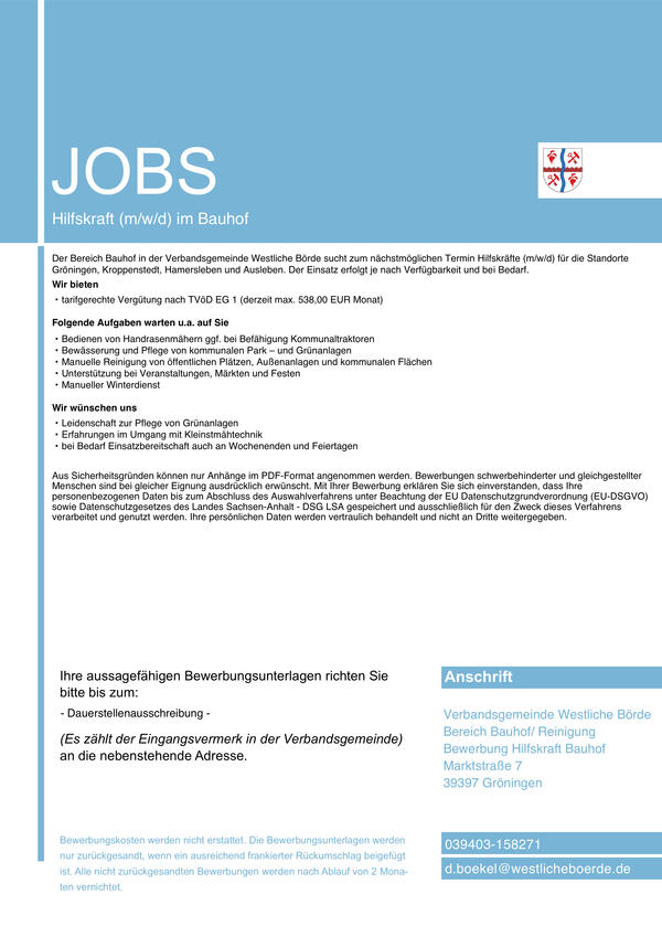 Stellenausschreibung Hilfskräfte (m/w/d) auf Minijob-Basis für die Bauhöfe Gröningen, Kroppenstedt, Hamersleben und Ausleben