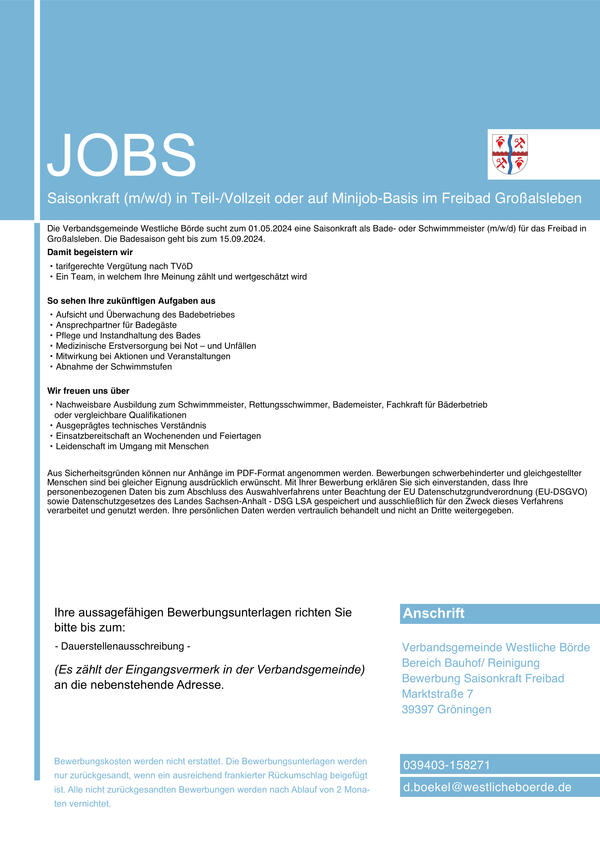 Stellenausschreibung Saisonkraft (m/w/d) in Teil-/Vollzeit oder auf Minijob-Basis für das Freibad Großalsleben