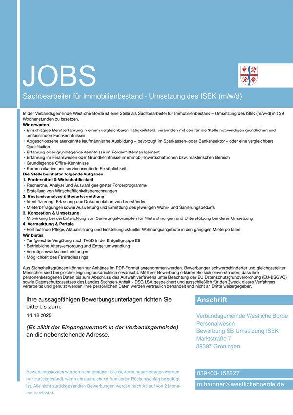 Stellenausschreibung Sachbearbeiter für Immobilienbestand - Umsetzung des ISEK (m/w/d)