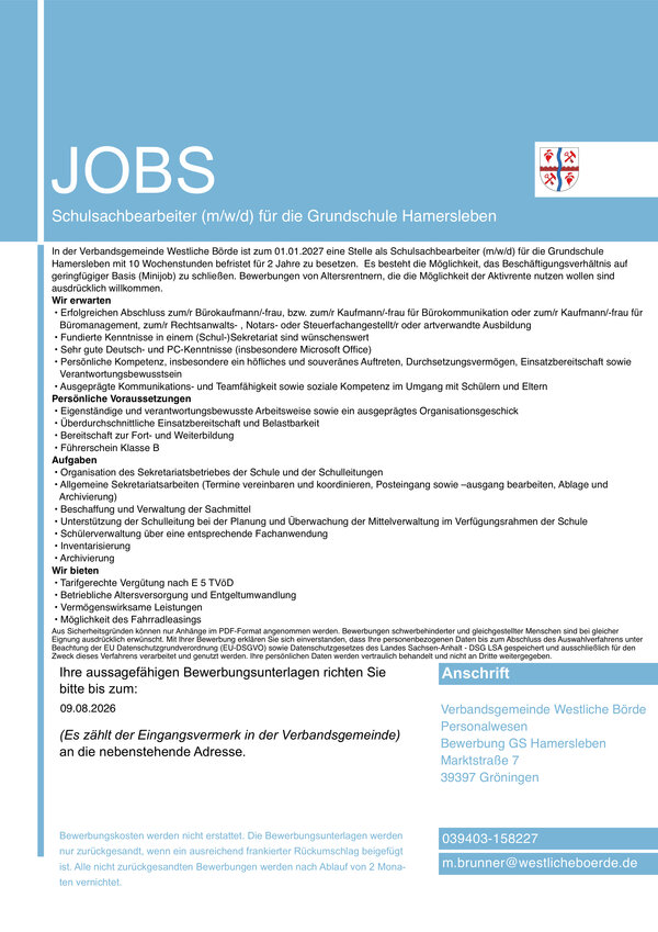 Schulsachbearbeiter/in (m/w/d) f&uuml;r die Grundschule Hamersleben gesucht