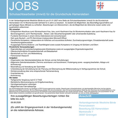 Schulsachbearbeiter/in (m/w/d) f&uuml;r die Grundschule Hamersleben gesucht