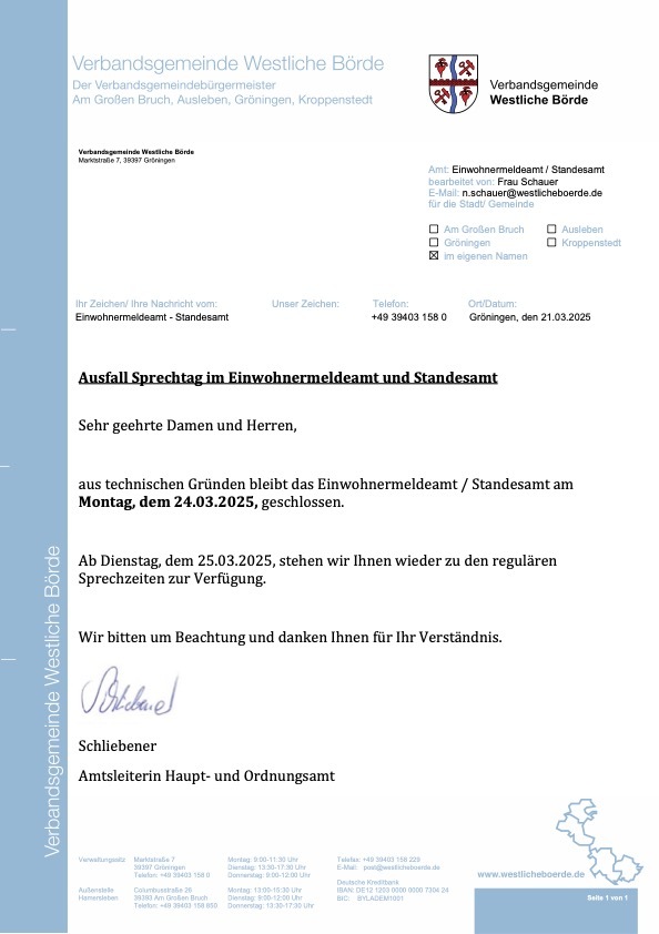 Ausfall Sprechtag im Einwohnermelde- und Standesamt