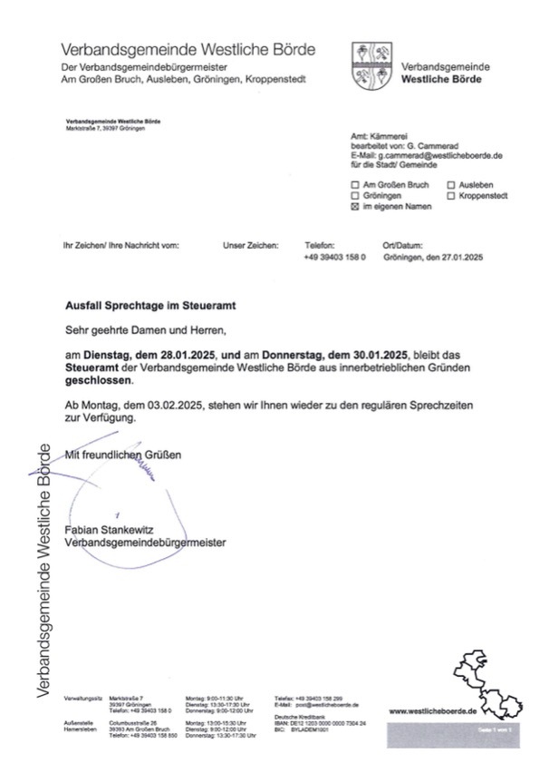 Ausfall Sprechtag im Steueramt