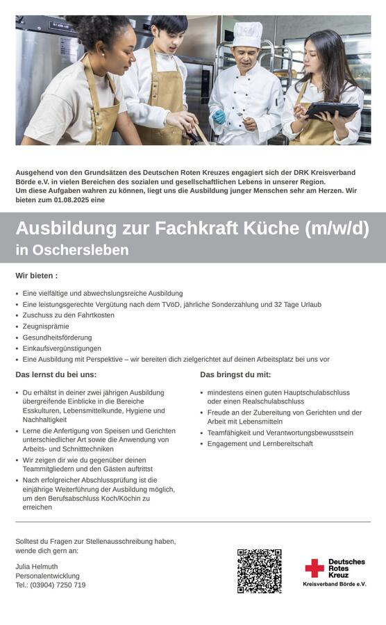 Stellenausschreibung Ausbildung zur Fachkraft Küche (m/w/d) in Oschersleben