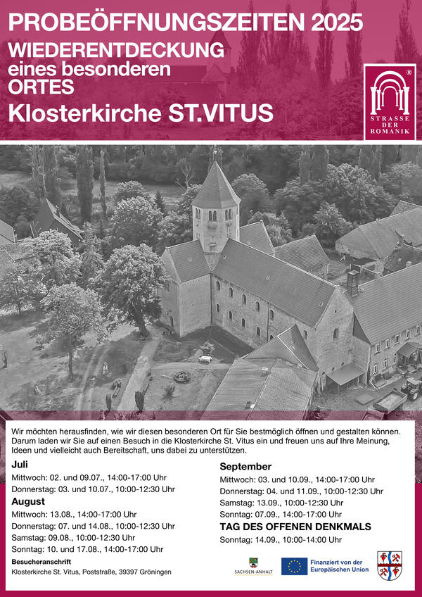 Plakat Probeöffnungszeiten Klosterkirche St. Vitus Kloster Gröningen