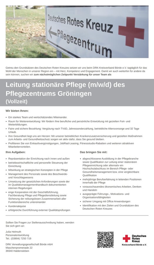 Stellenausschreibung Leitung stationäre Pflege (m/w/d) des Pflegezentrums Gröningen