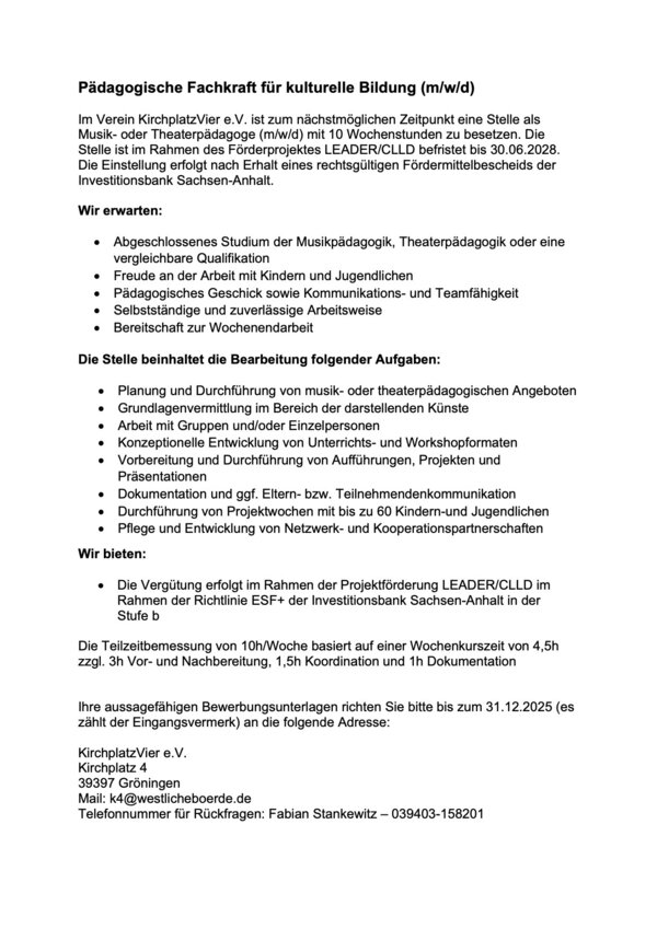 Stellenausschreibung P&auml;dagogische Fachkraft f&uuml;r kulturelle Bildung (m/w/d)