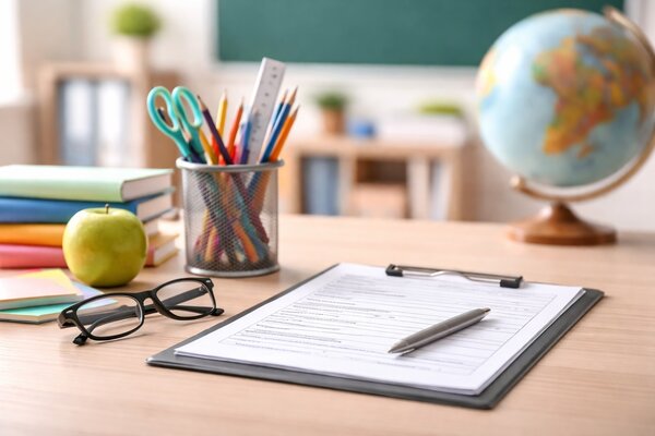 Antrag und Schulmaterialien auf einem Schreibtisch