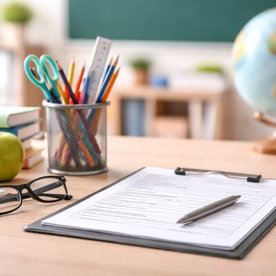 Antrag und Schulmaterialien auf einem Schreibtisch