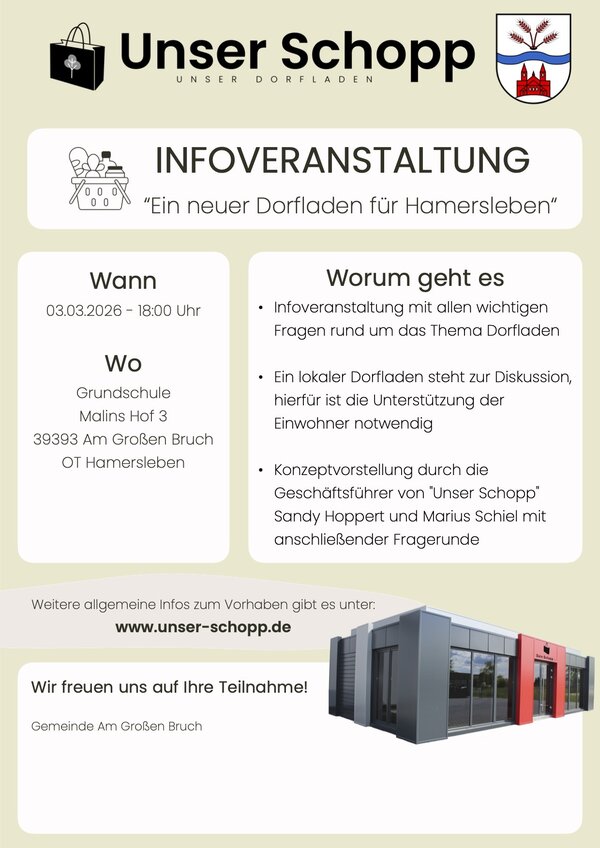 Informationsveranstaltung &raquo;Ein neuer Dorfladen f&uuml;r Hamersleben&laquo; - Einladung zum gemeinsamen Austausch &uuml;ber ein m&ouml;gliches Nahversorgungskonzept