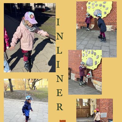 Bewegungsangebot in der Kita Kroppenstedt - Kinder fahren Inliner auf dem Au&szlig;engel&auml;nde