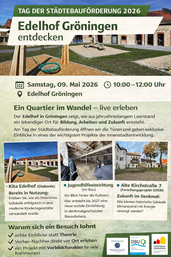 Tag der St&auml;dtebauf&ouml;rderung 2026 in Gr&ouml;ningen - Edelhof besichtigen & Baustellen erleben