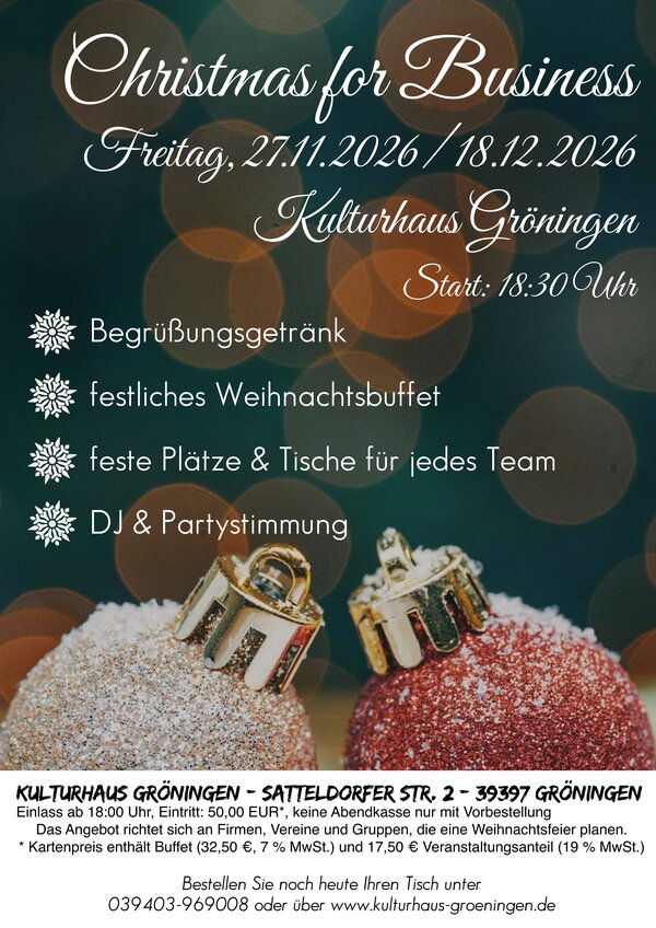 Christmas for Business - Weihnachtsfeier f&uuml;r Firmen & Teams im Kulturhaus Gr&ouml;ningen 2026