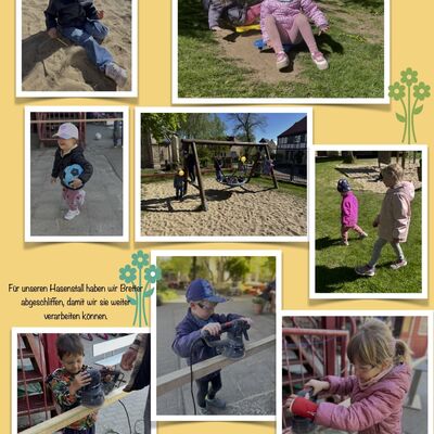 In der Kita Rasselbande Kroppenstedt verbinden sich freies Spiel, Bewegung im Au&szlig;engel&auml;nde und praktische T&auml;tigkeiten. Die Kinder schleifen Bretter f&uuml;r den Hasenstall ab und sammeln dabei erste handwerkliche Erfahrungen.