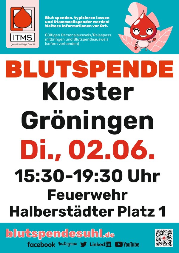 Blutspende in Kloster Gr&ouml;ningen am 02.06.