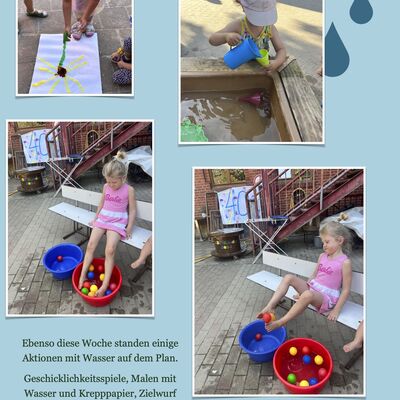 Bei sommerlichem Wetter standen in der Kita Rasselbande Kroppenstedt verschiedene Aktionen mit Wasser auf dem Programm. Die Kinder malten mit Wasser und Krepppapier, erprobten Geschicklichkeitsspiele und hatten viel Freude beim gemeinsamen Wasserspa&szlig;.