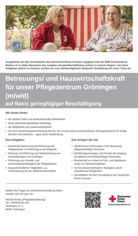 Stellenausschreibung Betreuungs- und Hauswirtschaftskraft - DRK Pflegezentrum Gr&ouml;ningen