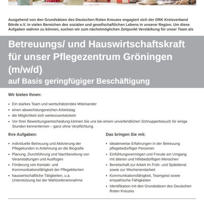 Stellenausschreibung Betreuungs- und Hauswirtschaftskraft - DRK Pflegezentrum Gr&ouml;ningen
