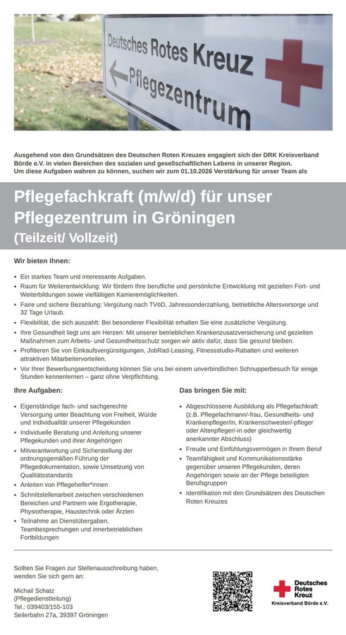 Stellenausschreibung Pflegefachkraft (m/w/d) - DRK Pflegezentrum Gr&ouml;ningen