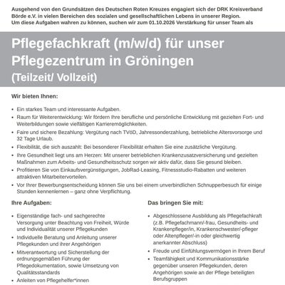 Stellenausschreibung Pflegefachkraft (m/w/d) - DRK Pflegezentrum Gr&ouml;ningen