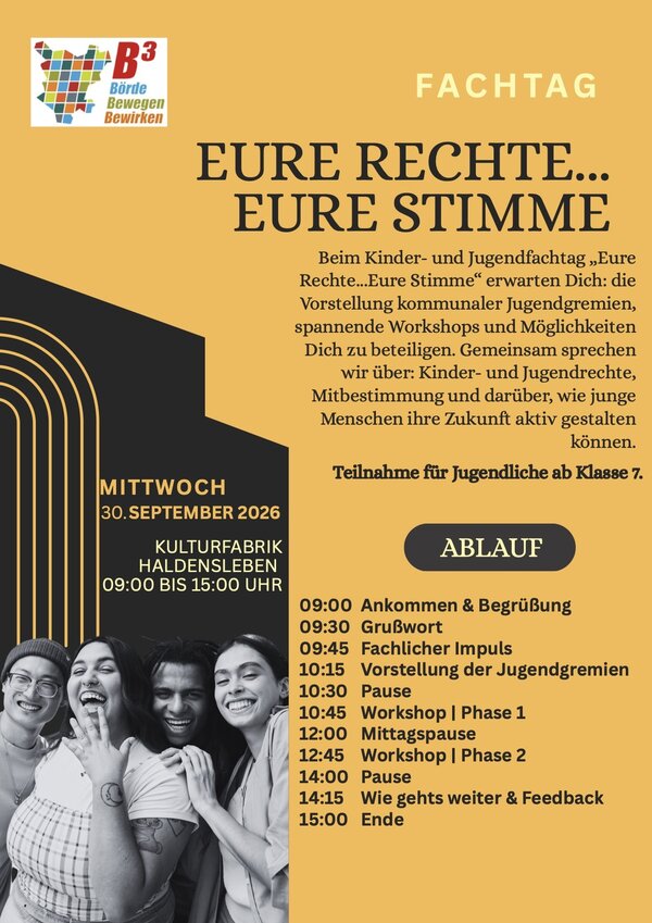 Erste Seite des Veranstaltungsflyers zum Kinder- und Jugendfachtag &raquo;Eure Rechte ... Eure Stimme&laquo;. Der Fachtag findet am 30. September 2026 von 9:00 bis 15:00 Uhr in der KulturFabrik Haldensleben statt und richtet sich an Jugendliche ab Klasse 7. Themenschwerpunkte sind Kinder- und Jugendrechte, Mitbestimmung, kommunale Jugendgremien und verschiedene Workshops.