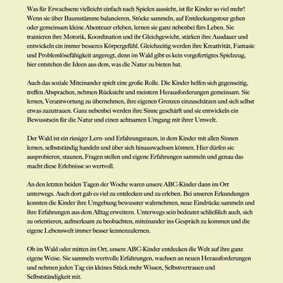 Der Erlebnisbericht der Kindertagesst&auml;tte Rasselbande in Kroppenstedt beschreibt die Entdeckerwoche der ABC-Kinder. Bei Ausfl&uuml;gen in den Wald und Erkundungen ihres Heimatortes konnten die Vorschulkinder ihre motorischen, sozialen und pers&ouml;nlichen F&auml;higkeiten weiterentwickeln. Im Mittelpunkt standen Naturerfahrungen, Selbstst&auml;ndigkeit, Gemeinschaft und spielerisches Lernen. Der Bericht verdeutlicht die Bedeutung von Naturerlebnissen f&uuml;r die fr&uuml;hkindliche Bildung in der Verbandsgemeinde Westliche B&ouml;rde.